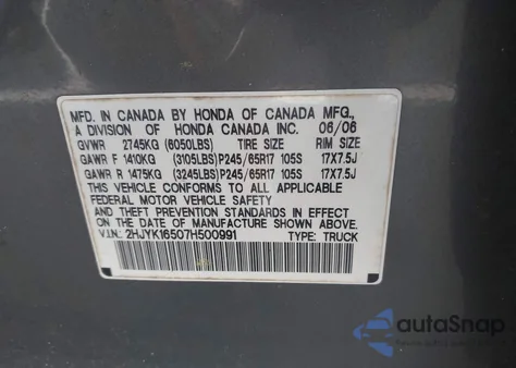 2007 Honda Ridgeline Rtl from USA, damaged, VIN 2HJYK16507H500991